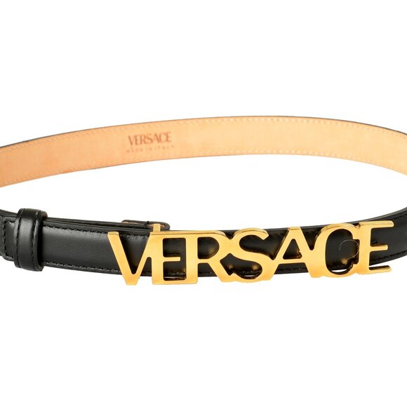 Versace Black 100% Leather Gold Logo Buckle Decorated Belt US 26 IT 65 - Picture 1 of 4